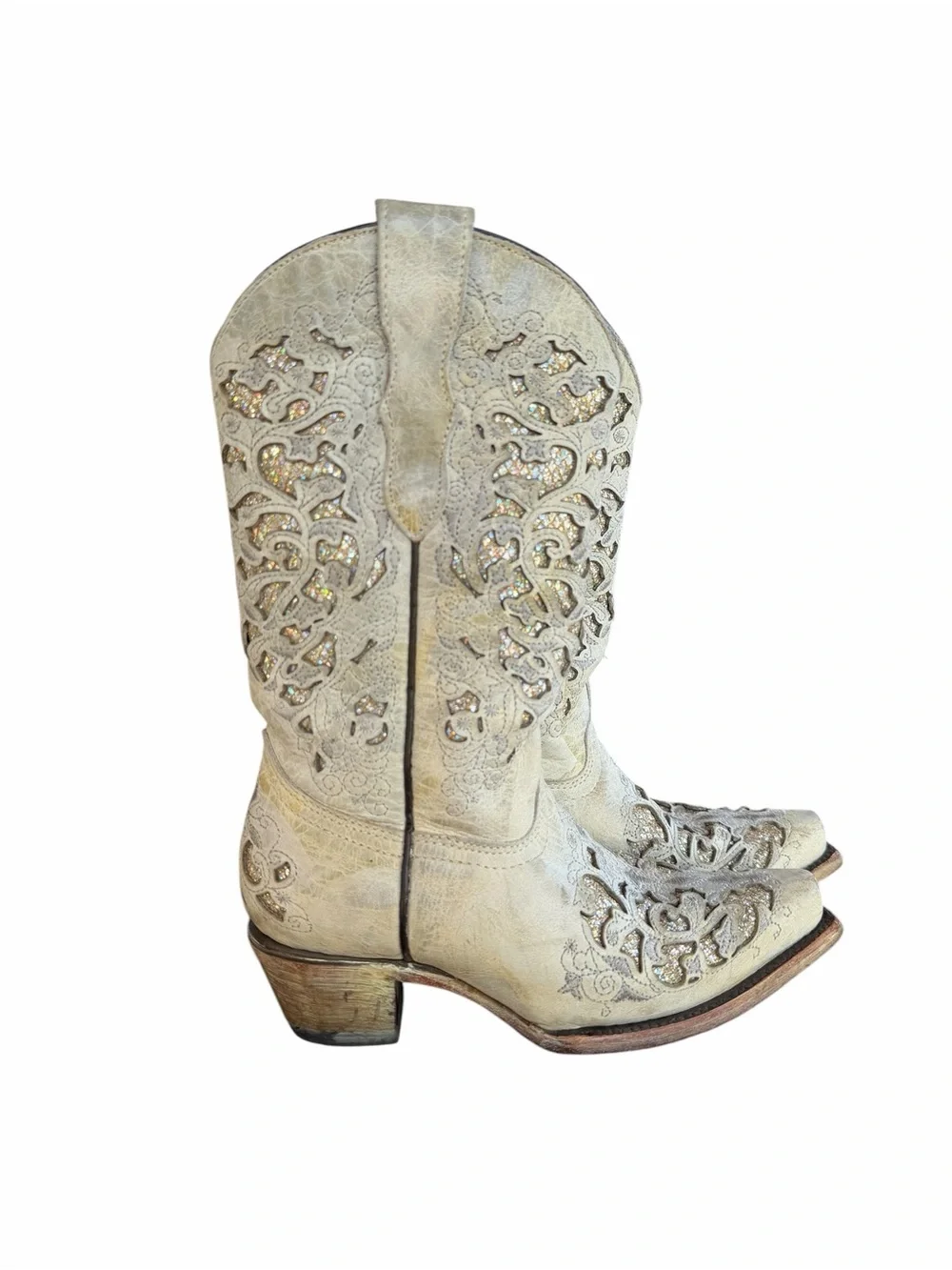 Corral Teens Off-White Glittered Inlay Snip Toe Cowboy Boots T0021 | Size 2